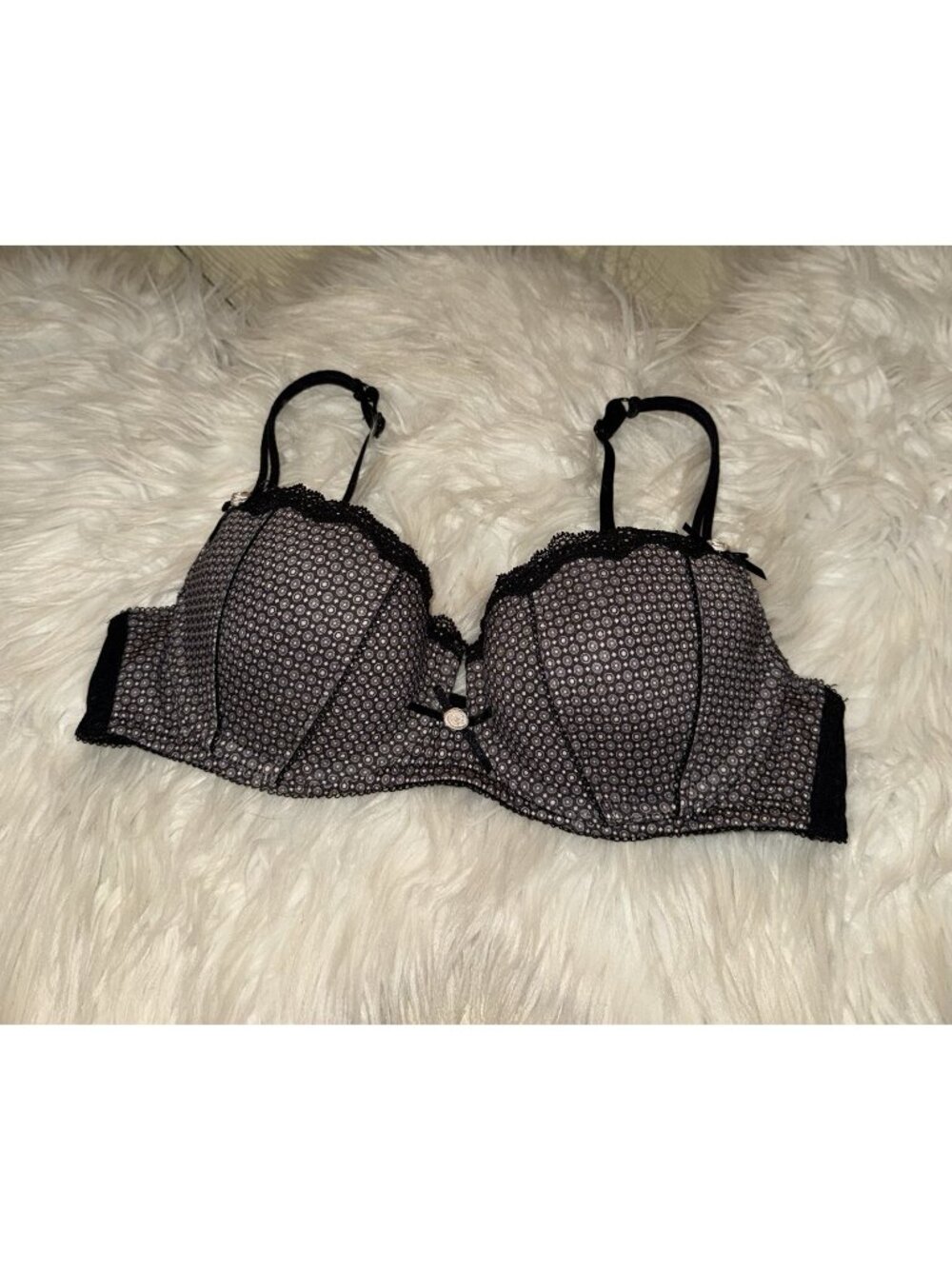Vintage Hunkemoller Balconette Bra Lined Underwire Printed Womens UK 36A Black